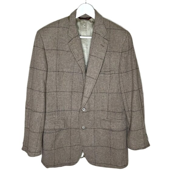 Vintage 70s 80s Nordstrom Men's Beige Wool Window Pane Plaid Blazer, Size 42 - Picture 1 of 12